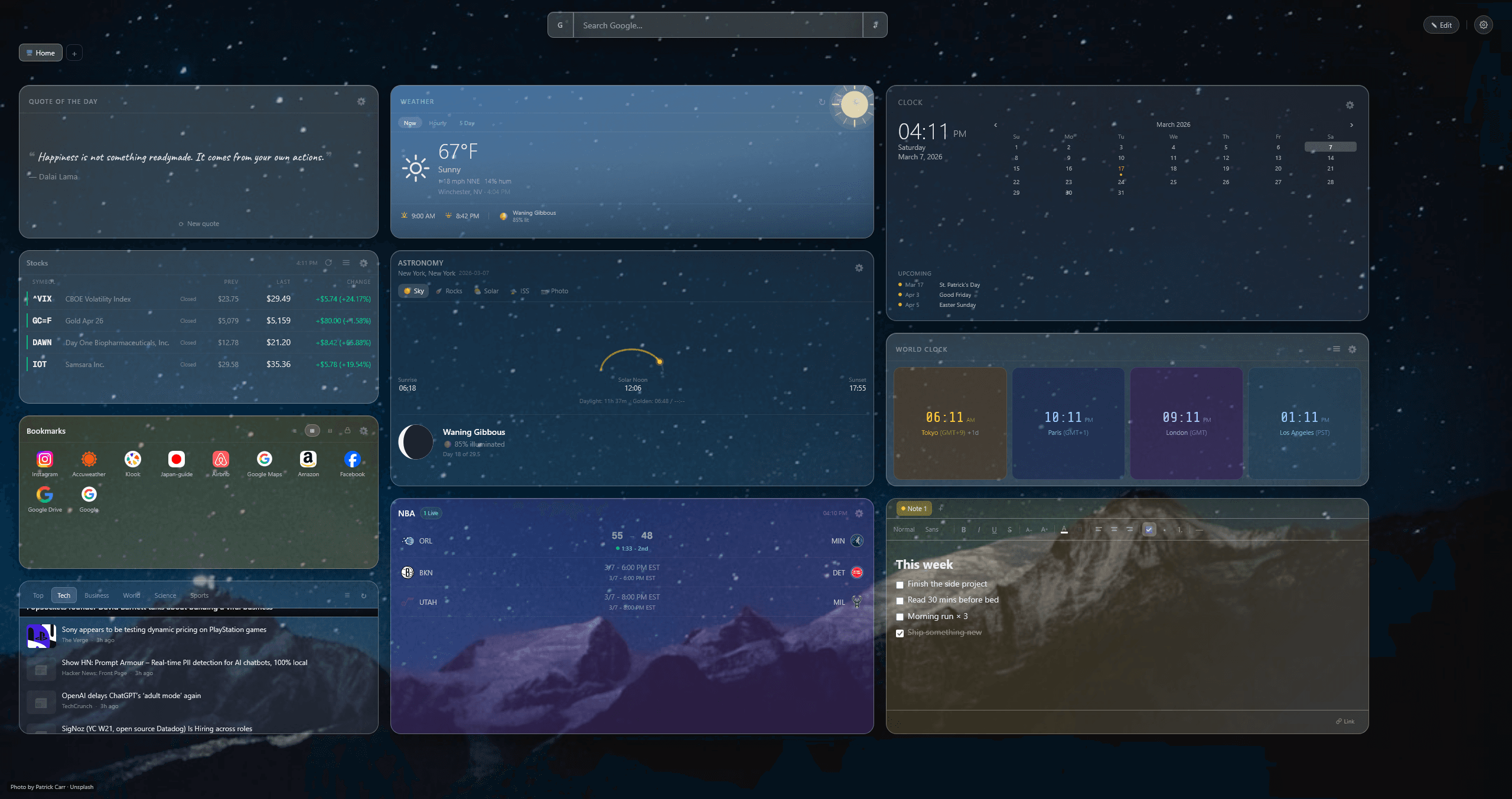 Portara personal browser dashboard — glass UI with weather, clock, stocks, bookmarks, RSS feed, sticky notes, and custom wallpaper