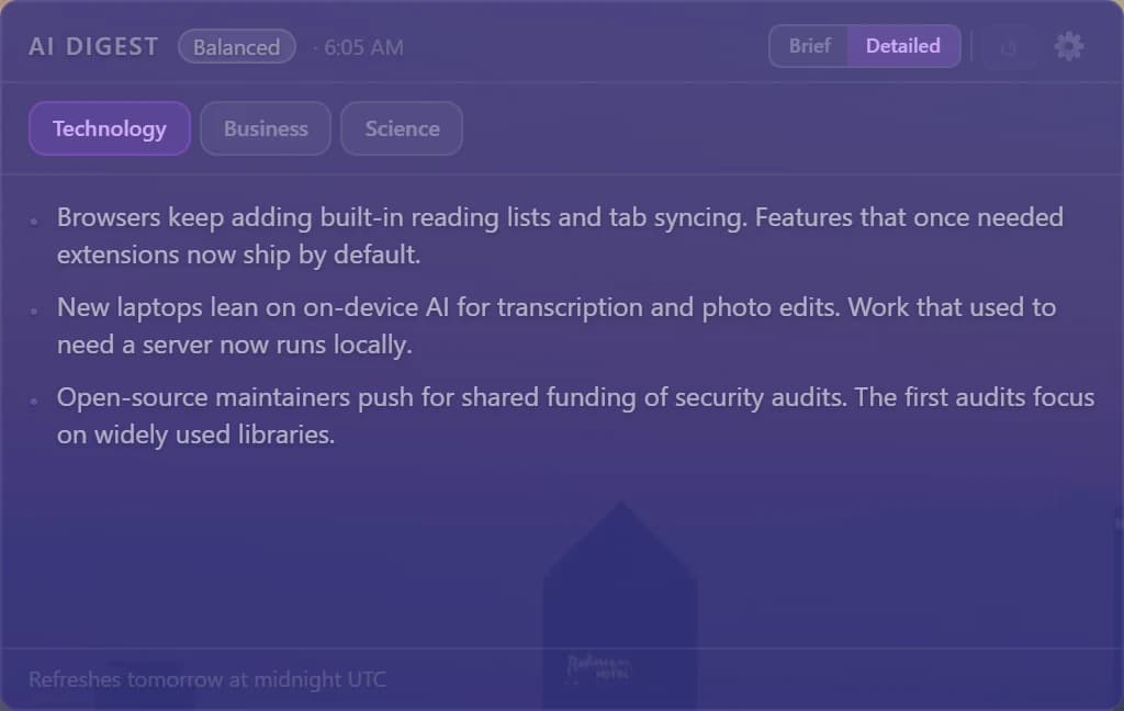 The AI News Digest card in Portara