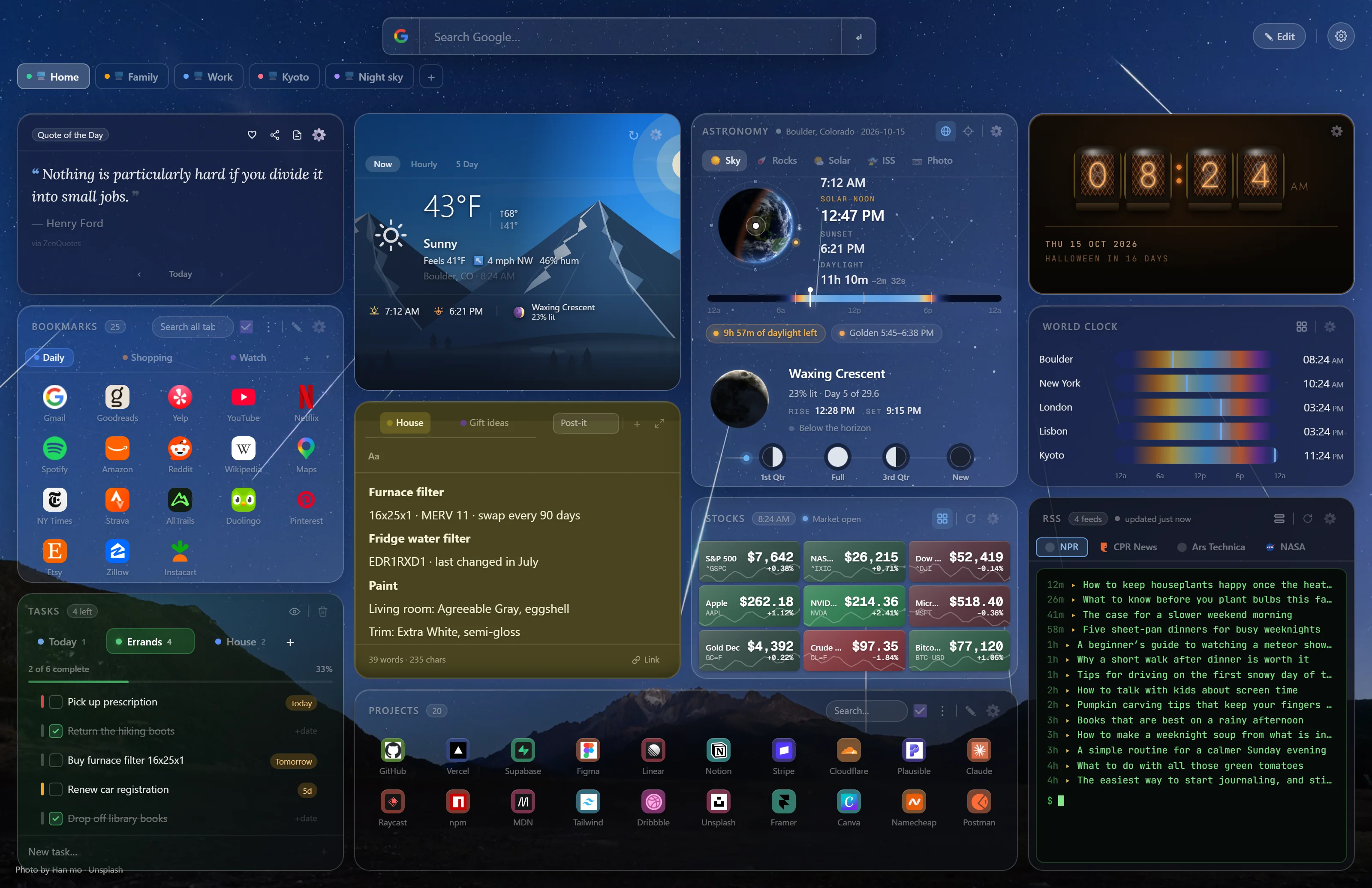 A Portara home page: a quote, bookmarks, a task list, sunny mountain weather, a sticky note, a live astronomy globe with moon phases, a stock heatmap, a Nixie tube clock, a world clock, and an RSS feed, under a search bar and five page tabs