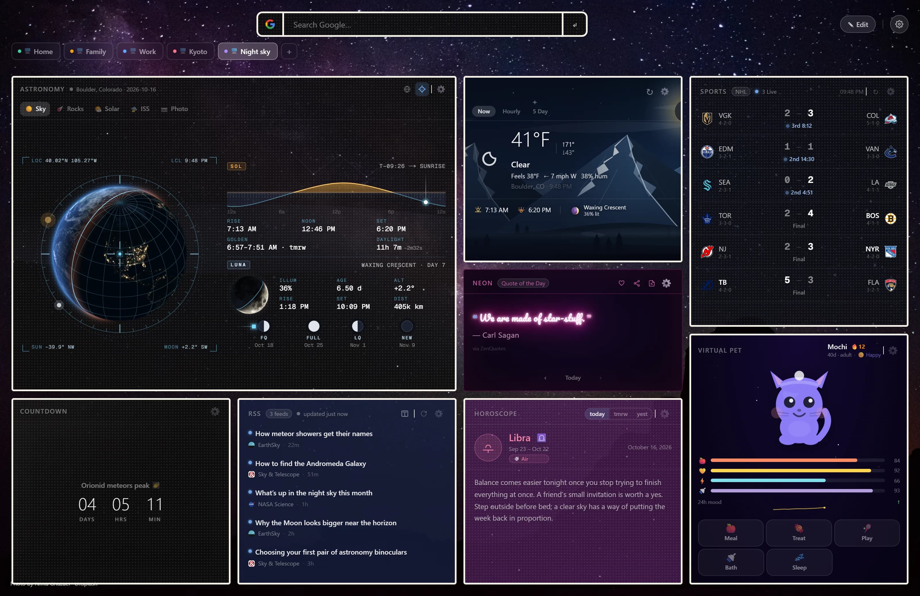 A Portara night page: a live astronomy globe showing North America at night with sun and moon data, clear night weather over mountains, live hockey scores, a neon quote, a virtual cat pet on a space background, a meteor shower countdown, stargazing articles, and a Libra horoscope