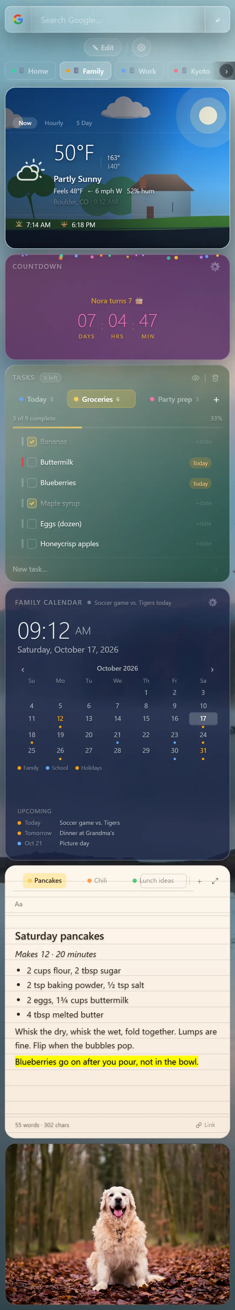 The Family page on a phone: weather, a birthday countdown, groceries, the family calendar, and a recipe, stacked in one column