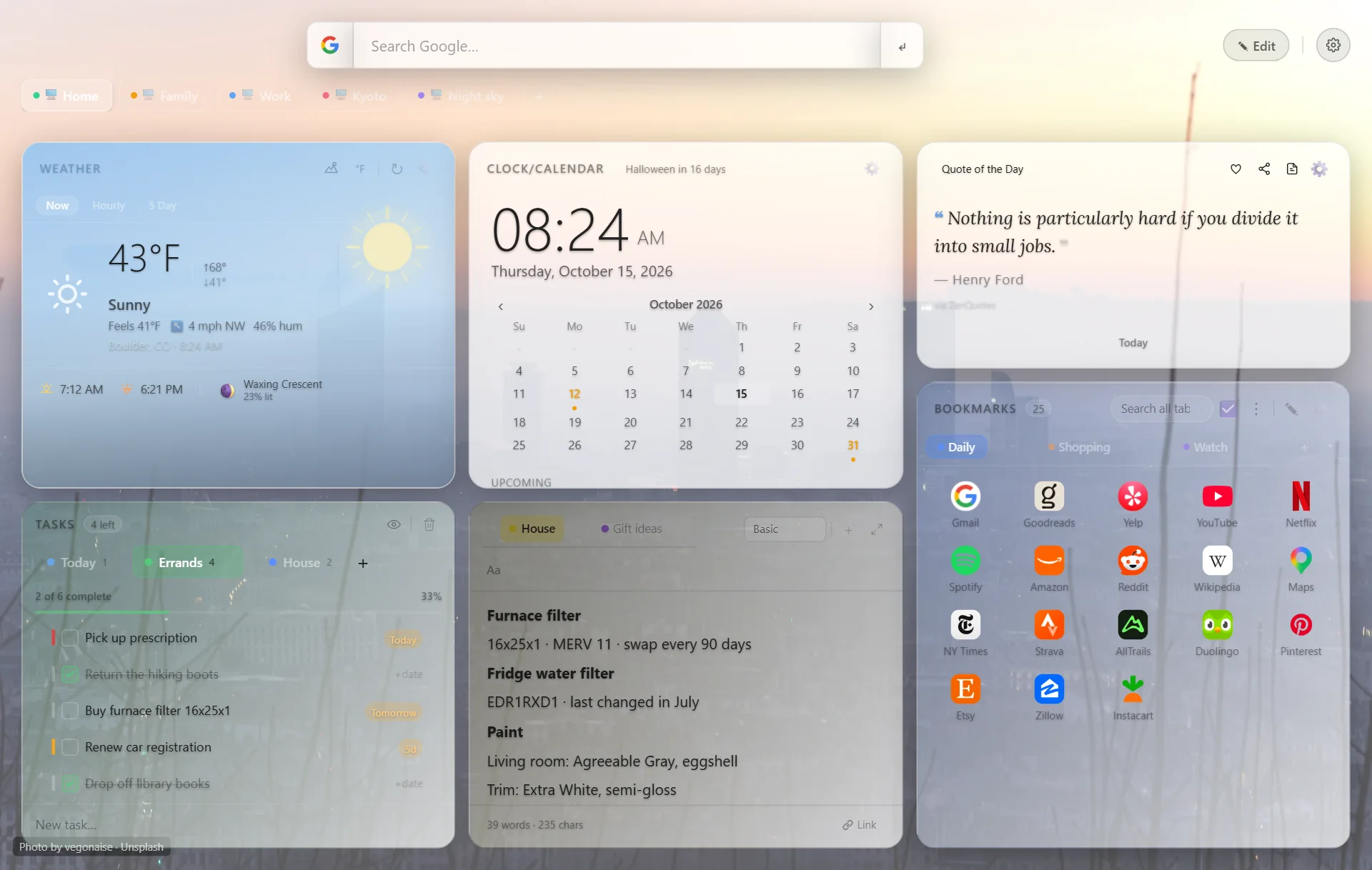 A Portara page with light-theme glass cards over a city skyline wallpaper