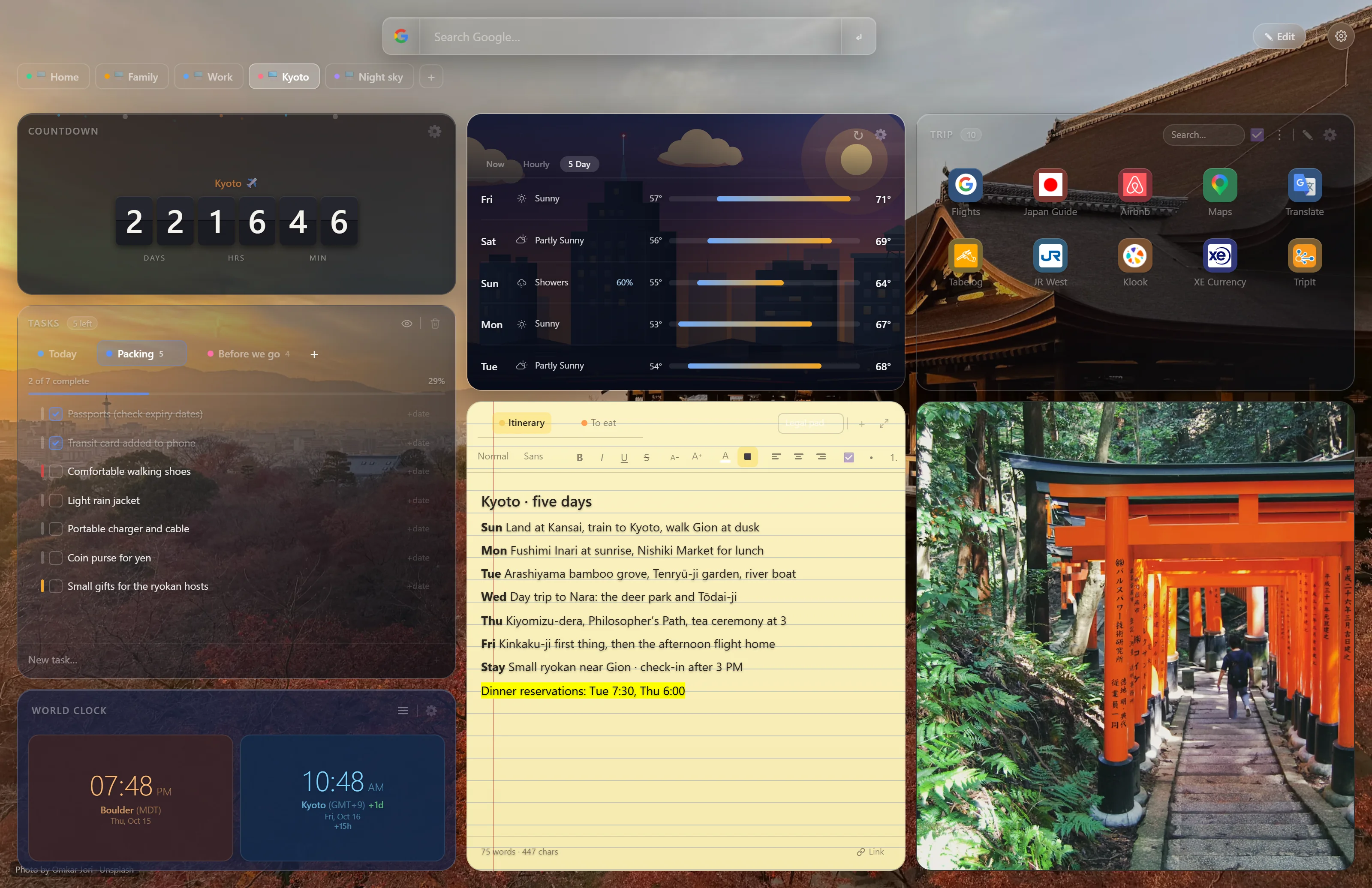 A Portara trip page: a split-flap countdown to Kyoto, a five-day Kyoto forecast, a packing list, clocks for Boulder and Kyoto, a five-day itinerary on a legal pad, travel bookmarks, and a photo of red torii gates in a forest