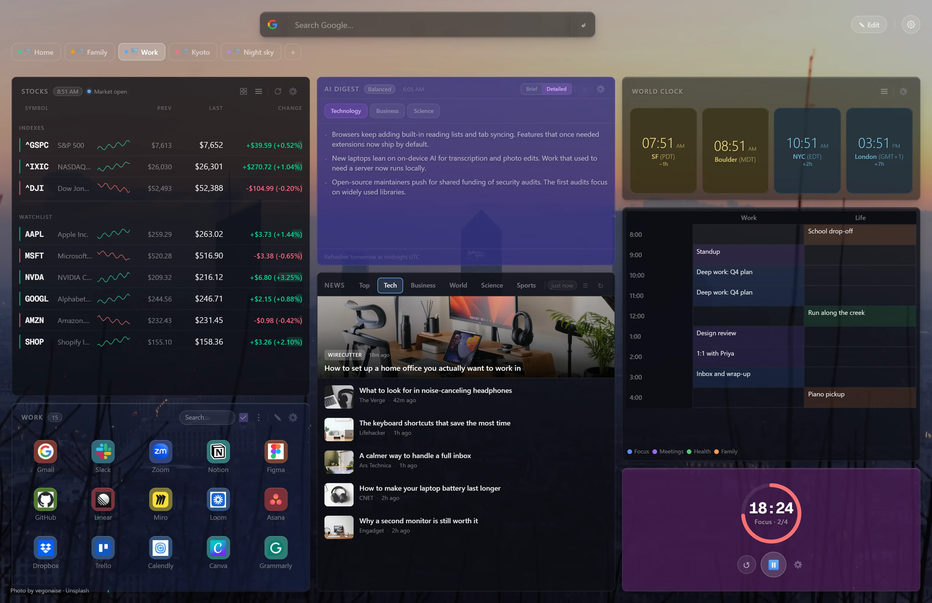A Portara work page: a stock watchlist with sparklines, an AI news digest, world clock tiles for four cities, a daily schedule of meetings and focus time, work app bookmarks, tech headlines with photos, and a focus timer counting down